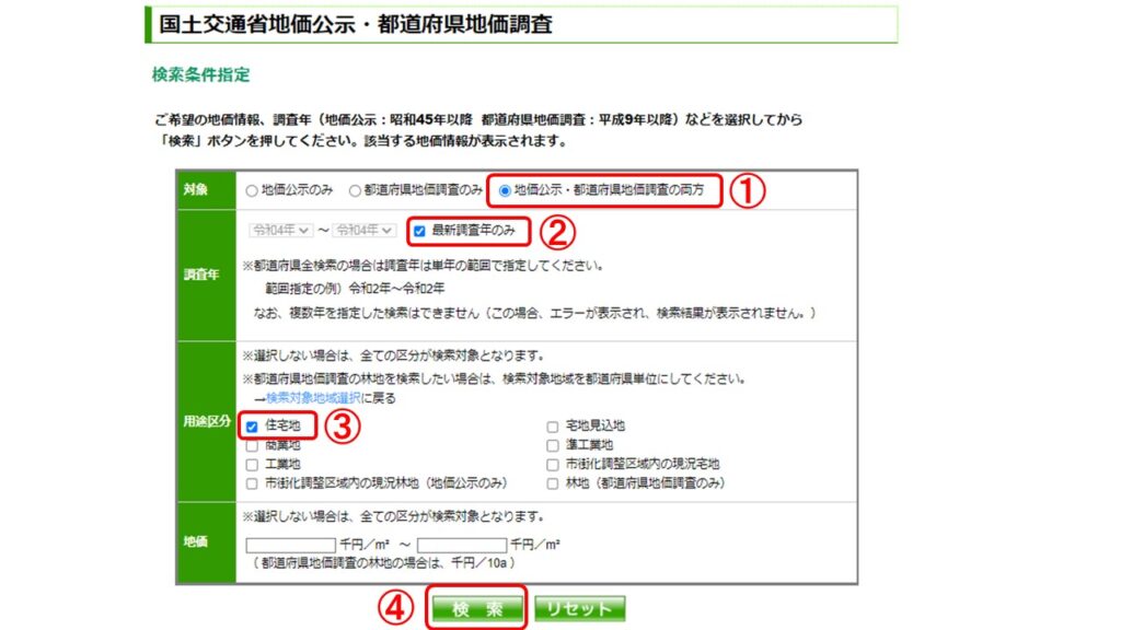 地価公示・都道府県地価調査の選択画面