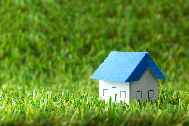 芝生と青い屋根の家